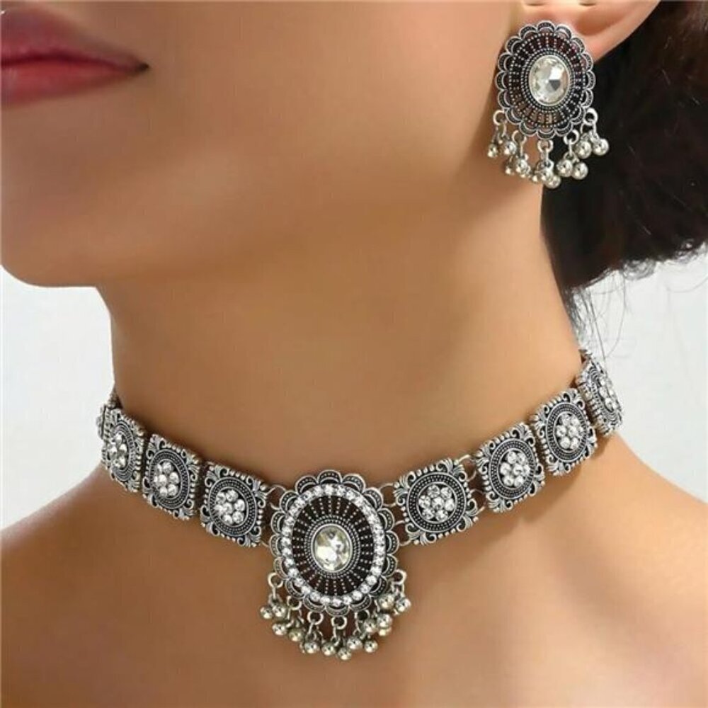 Vintage Austrian Crystal Kundan Necklace Earrings Jewelry Set for Women - Picture 2 of 6
